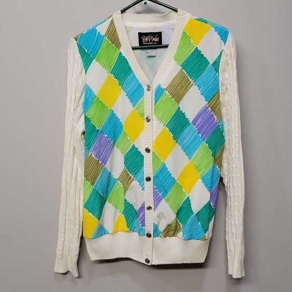 Bob Mackie Wearable Art Cardigan Jacket Small Multi Color Cable Knit Silk Unique - Picture 1 of 9